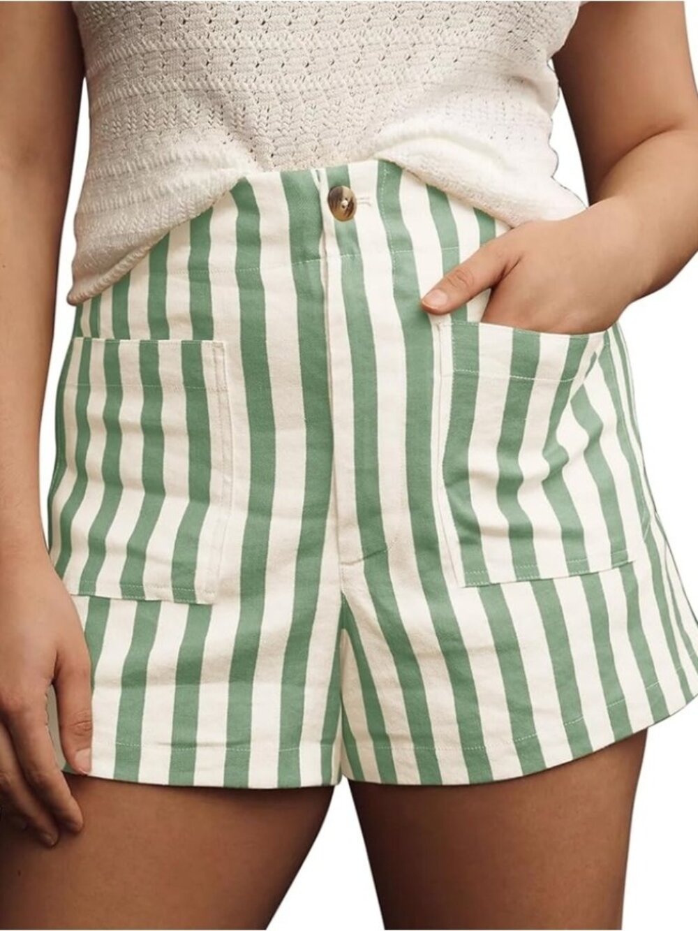 Green And White Striped High Waist Shorts - Size Large